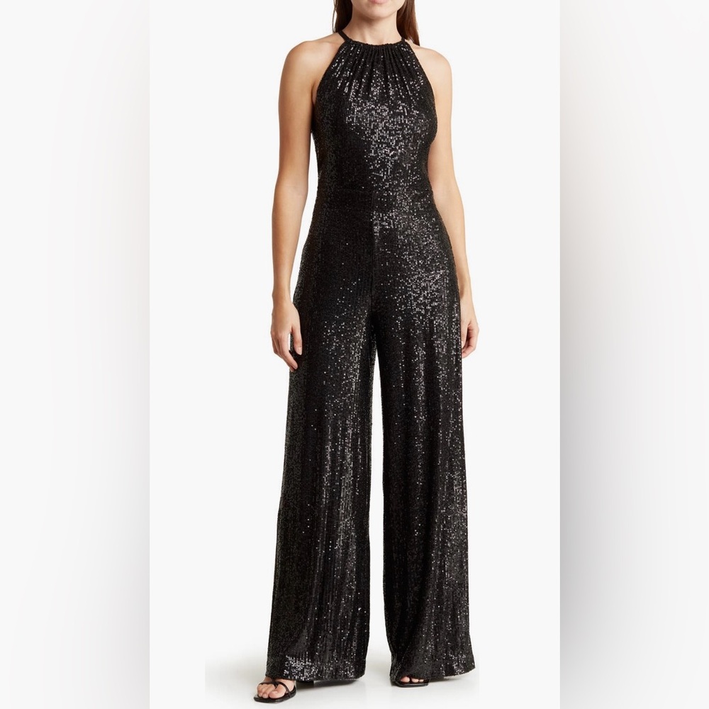 Max Studio Black Sequin Halter Wide-Leg Jumpsuit
